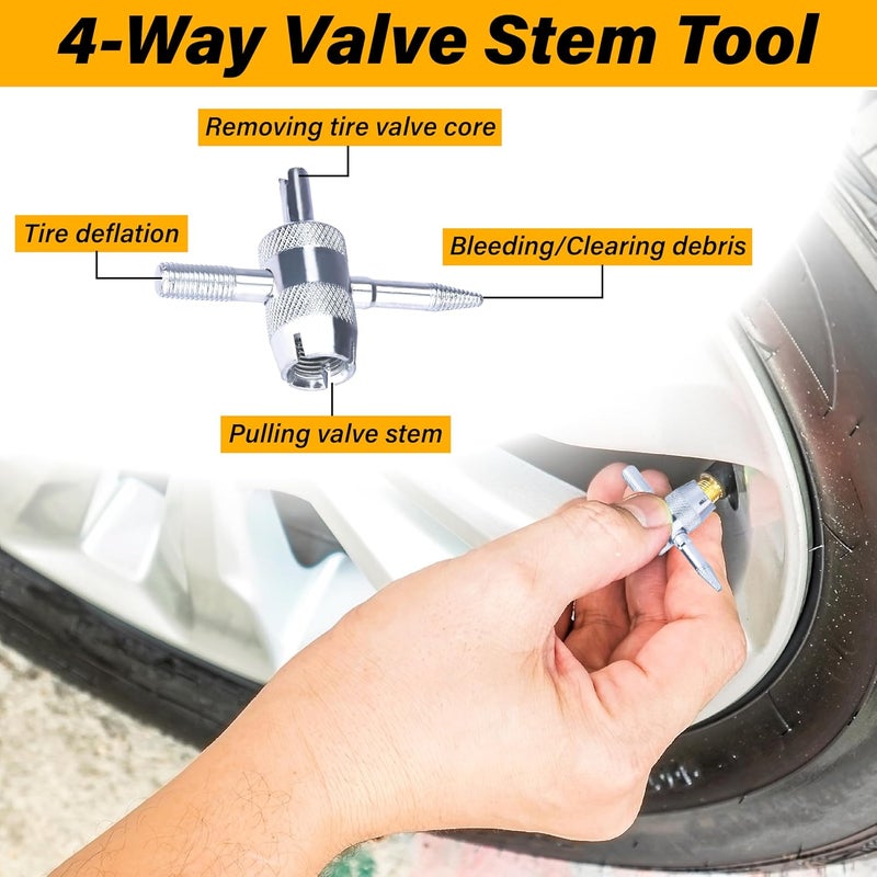 ecocstm 2 PCS Tire Valve Stem Removal Tool with 20 PCS Valve Cores, 10 PCS Tire Valves Caps, 1 PCS 4-Way Valves Tool, Car Accessories Tires Repair Tools Universal for All Cars (33 PCS) - Image 3